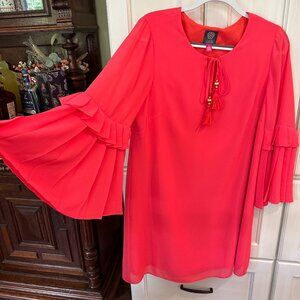 3/4 Sleeve Tie-Front Chiffon Pleated Midi Dress – Flowy & Elegant